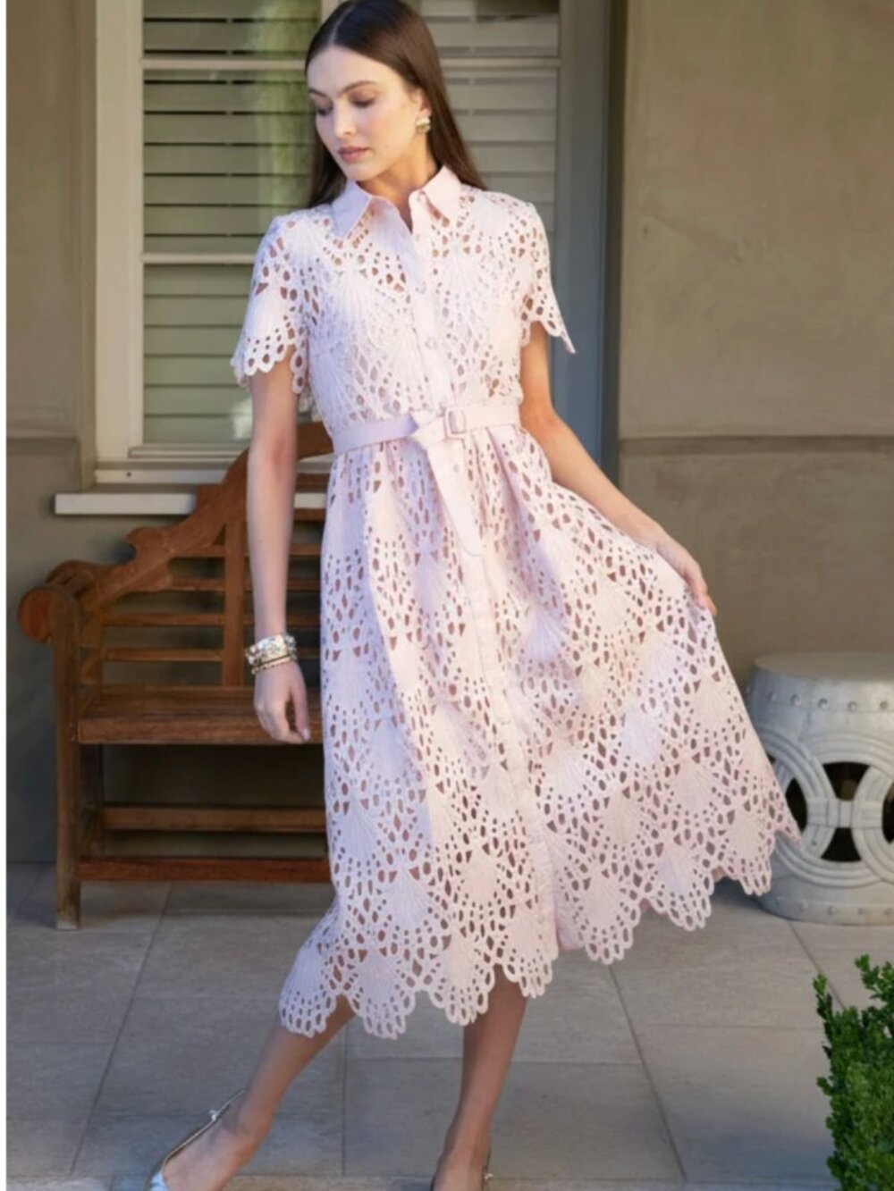 Benaar Robin Belted Short Sleeve Lace pin Midi Dress. Size XS. NWT